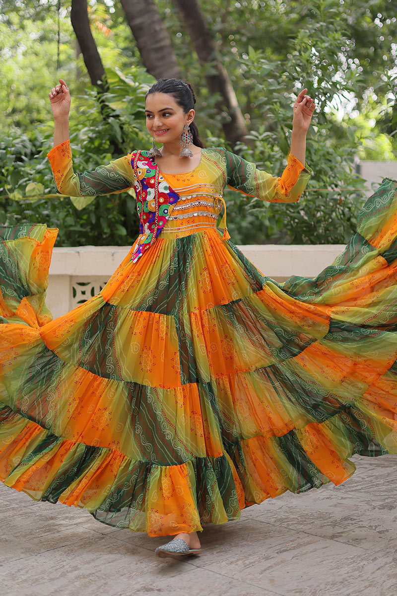 Vibrant Yellow-Green Printed Maxi Dress with Mirror-Embroidered Yoke – Navratri Ready RTI