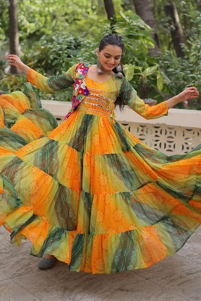Vibrant Yellow-Green Printed Maxi Dress with Mirror-Embroidered Yoke – Navratri Ready RTI
