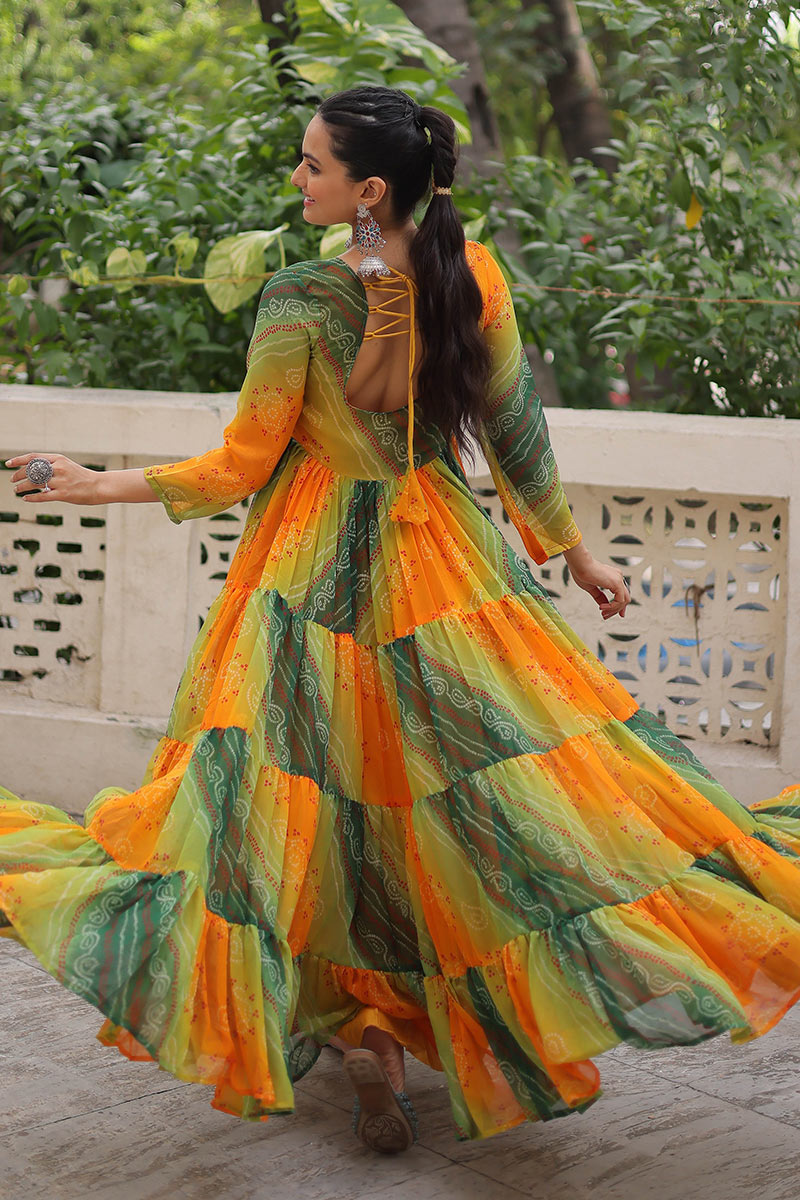 Vibrant Yellow-Green Printed Maxi Dress with Mirror-Embroidered Yoke – Navratri Ready RTI