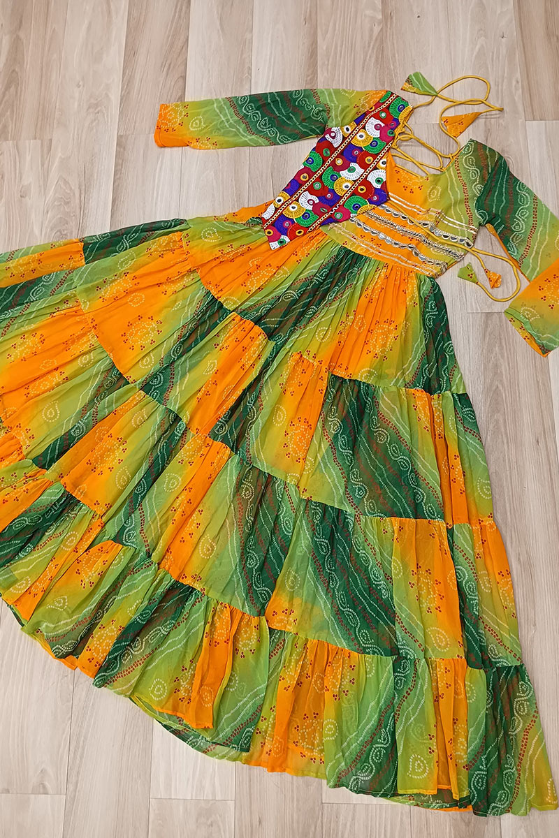 Vibrant Yellow-Green Printed Maxi Dress with Mirror-Embroidered Yoke – Navratri Ready RTI