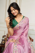Elegant Pastel Pink Embroidered Silk Saree with Contrasting Emerald Green Blouse LF