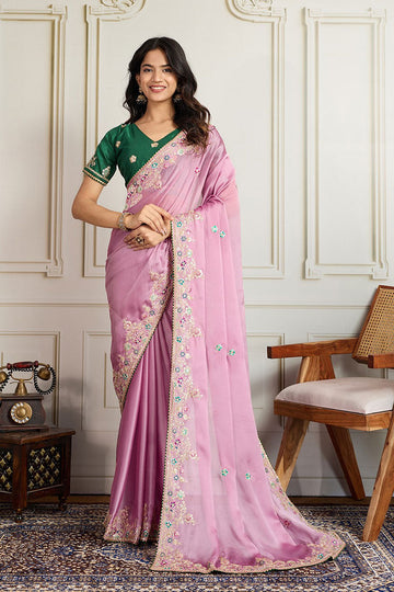 Elegant Pastel Pink Embroidered Silk Saree with Contrasting Emerald Green Blouse LF