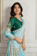 Elegant Sky Blue Embroidered Silk Saree with Contrasting Emerald Green Blouse LF