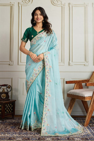 Elegant Sky Blue Embroidered Silk Saree with Contrasting Emerald Green Blouse LF