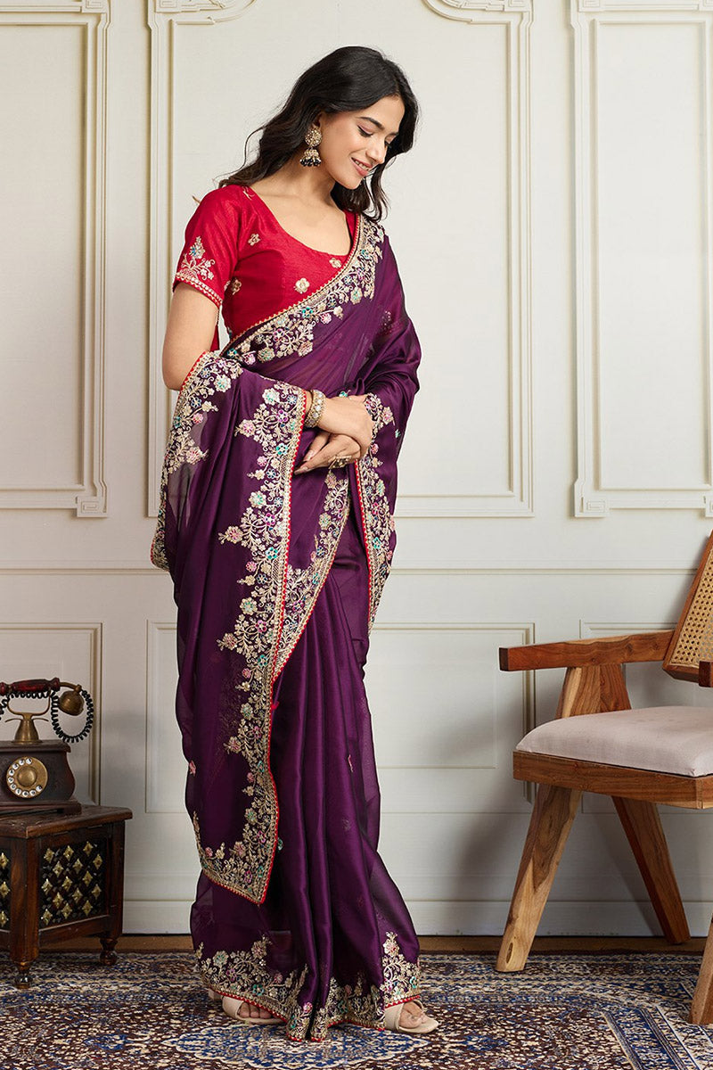 Elegant Wine Embroidered Silk Saree with Contrasting Emerald Red Blouse LF