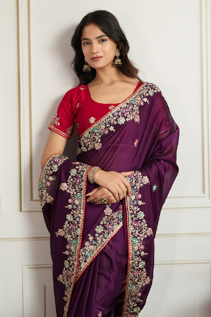 Elegant Wine Embroidered Silk Saree with Contrasting Emerald Red Blouse LF