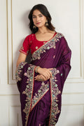 Elegant Wine Embroidered Silk Saree with Contrasting Emerald Red Blouse LF