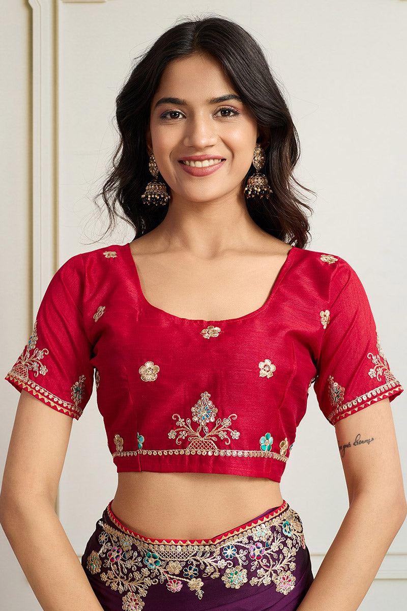 Elegant Wine Embroidered Silk Saree with Contrasting Emerald Red Blouse LF