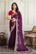 Elegant Wine Embroidered Silk Saree with Contrasting Emerald Red Blouse LF