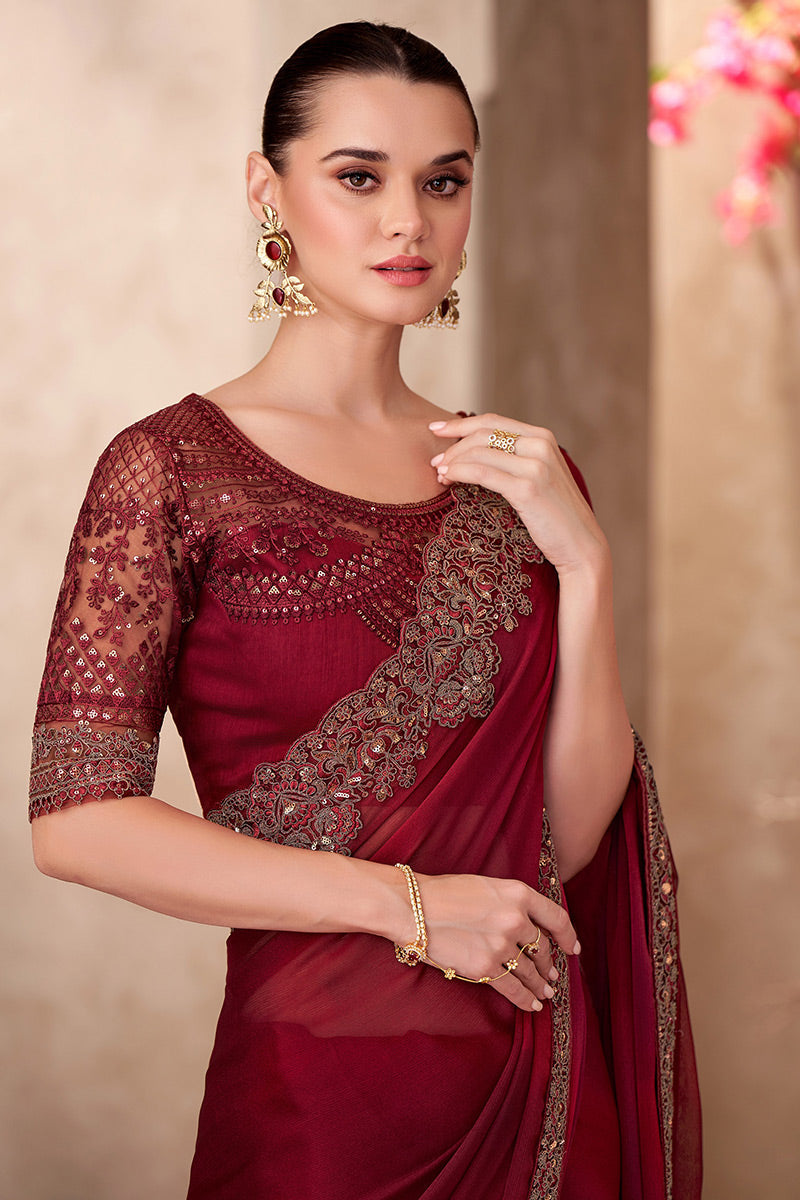 Elegant Burgundy Embroidered Party-Ready Saree RTI