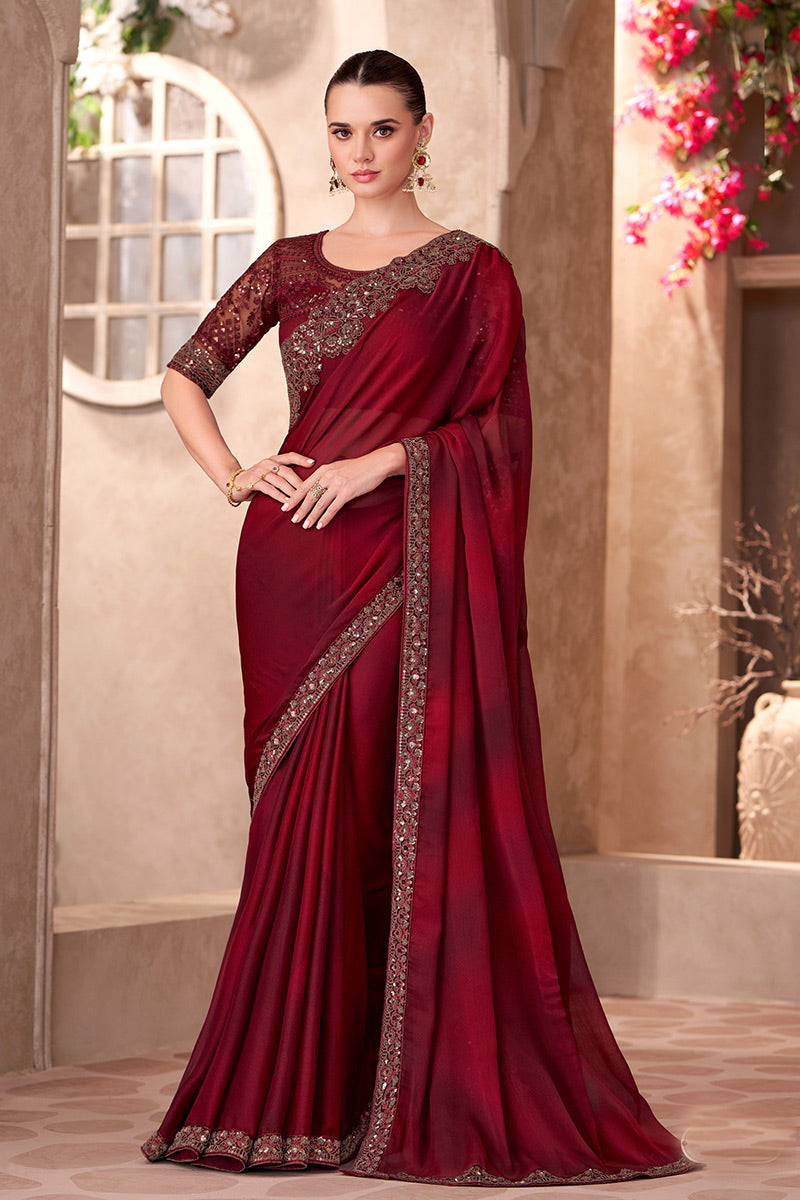 Elegant Burgundy Embroidered Party-Ready Saree RTI