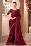 Elegant Burgundy Embroidered Party-Ready Saree RTI
