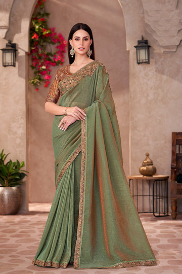 Sea Green Georgette Burgundy Embroidered Party wear Saree RTI