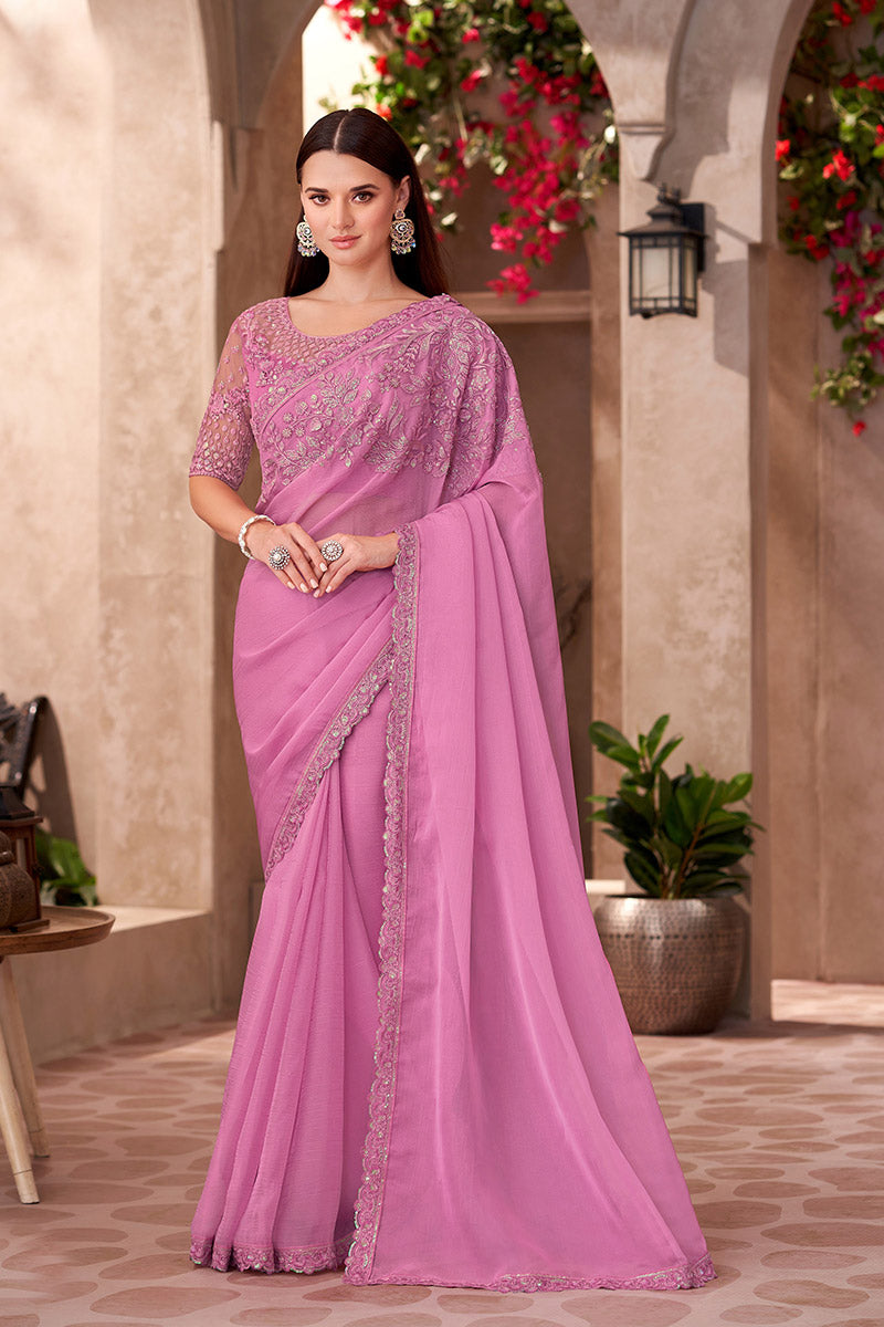 Pink Chiffon Georgette Embroidered Party wear Saree RTI