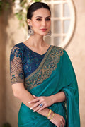 Teal Satin Georgette Embroidered Party wear Saree RTI