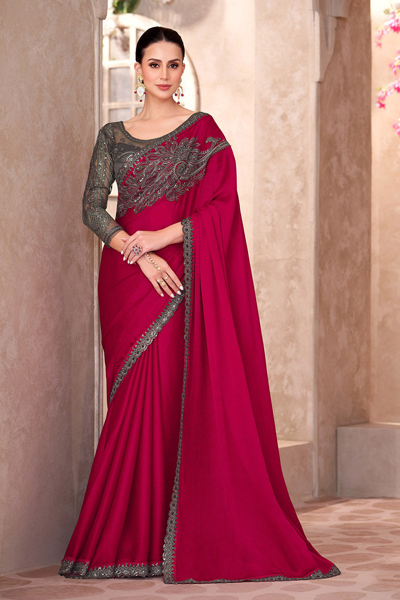 Maroon Pure Chiffon Sequins Embroidered Party wear Saree RTI