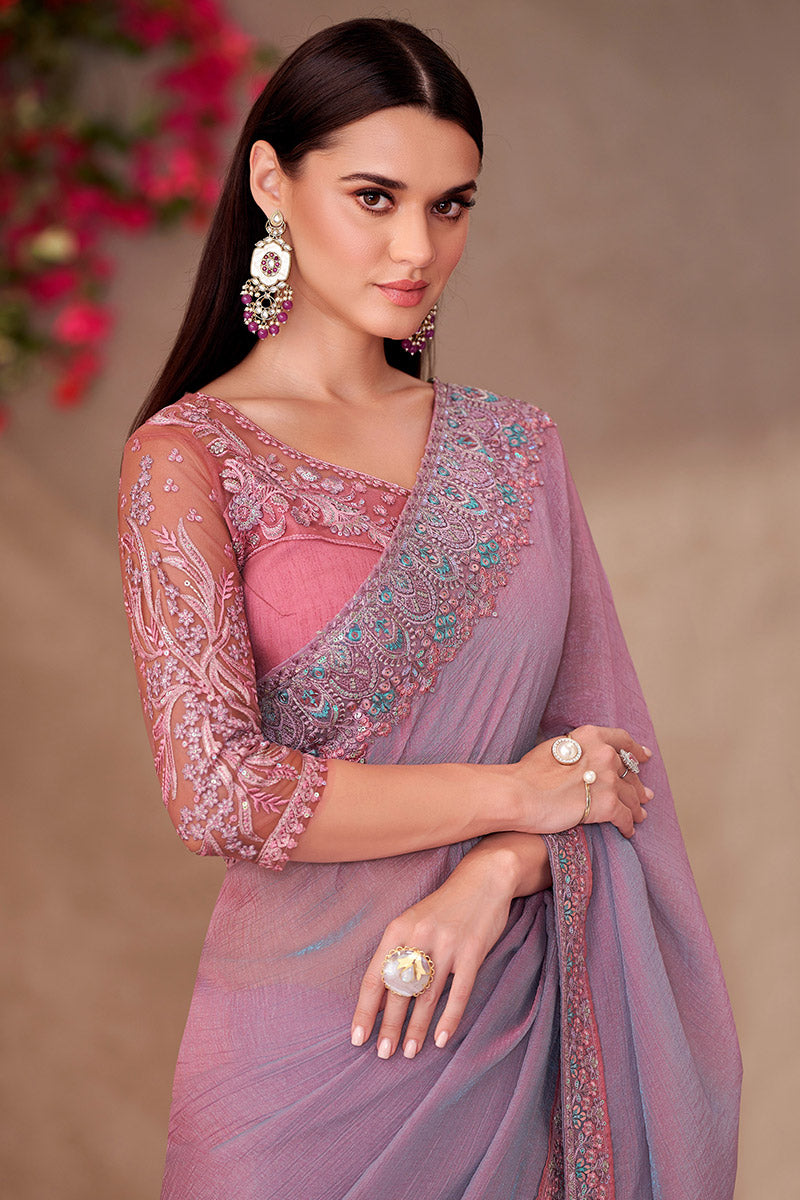 Lavender Georgette Sequins Embroidered Party wear Saree RTI