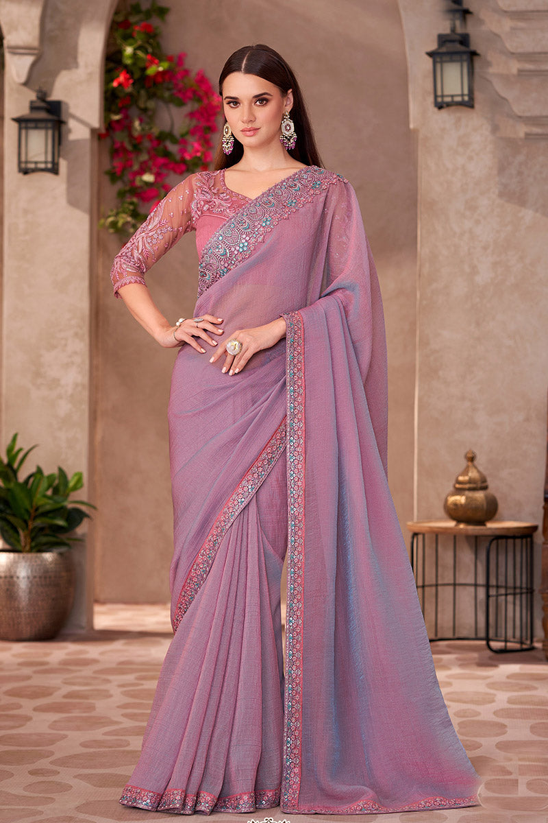 Lavender Georgette Sequins Embroidered Party wear Saree RTI