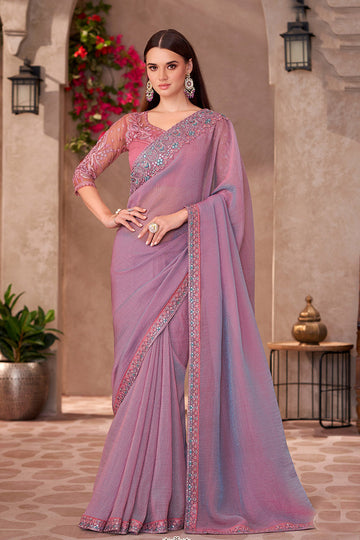 Lavender Georgette Sequins Embroidered Party wear Saree RTI