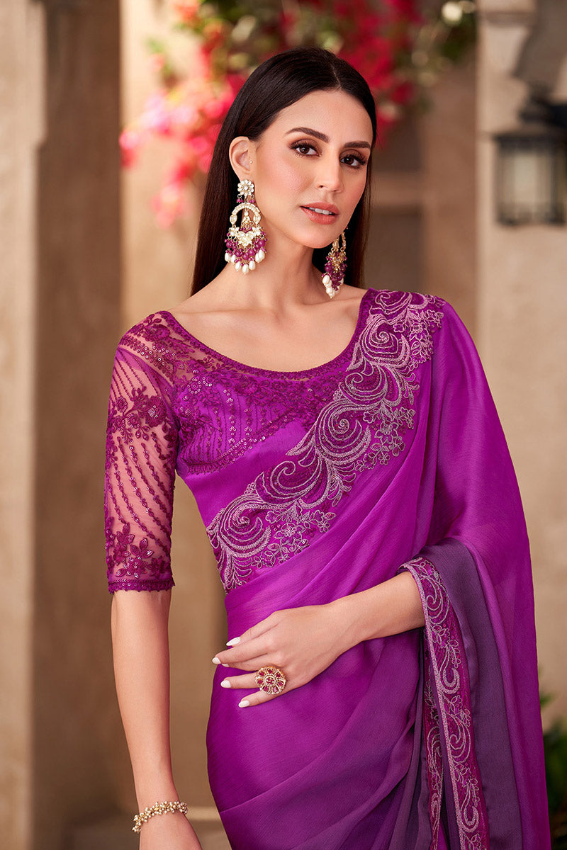 Purple Chiffon Sequins Embroidered Party wear Saree RTI