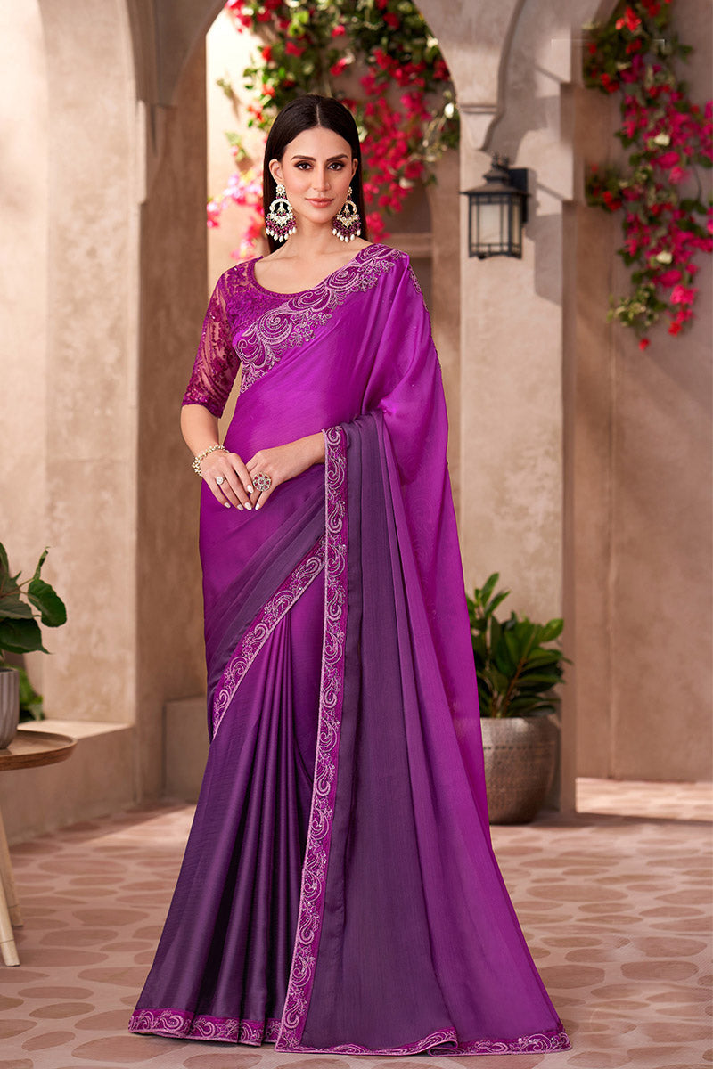 Purple Chiffon Sequins Embroidered Party wear Saree RTI