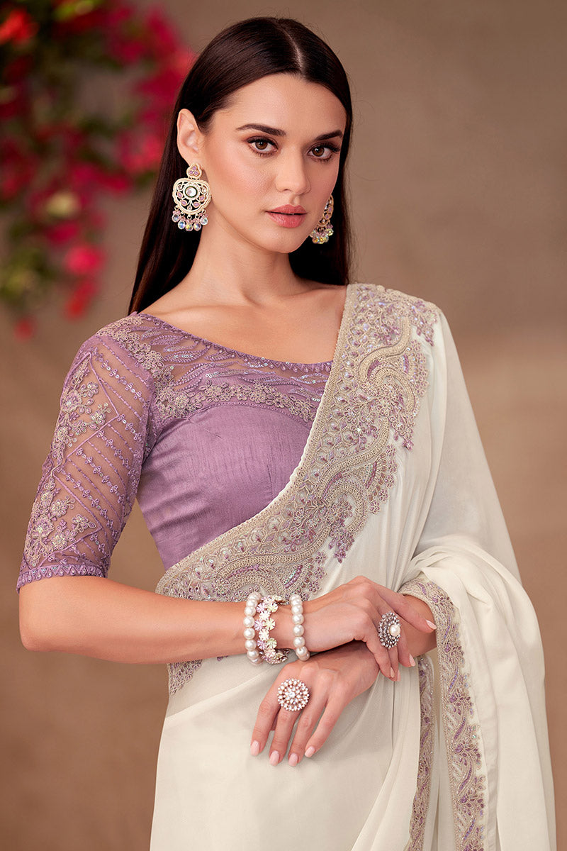 White Georgette Sequins Embroidered Function wear Saree RTI