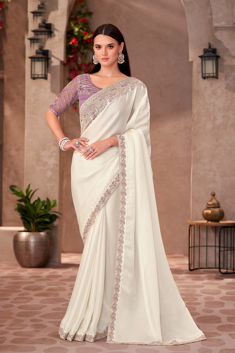 White Georgette Sequins Embroidered Function wear Saree RTI