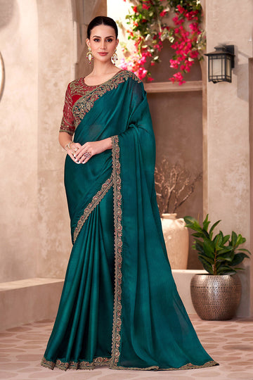 Dark Teal Chiffon Sequins Embroidered Function wear Saree RTI
