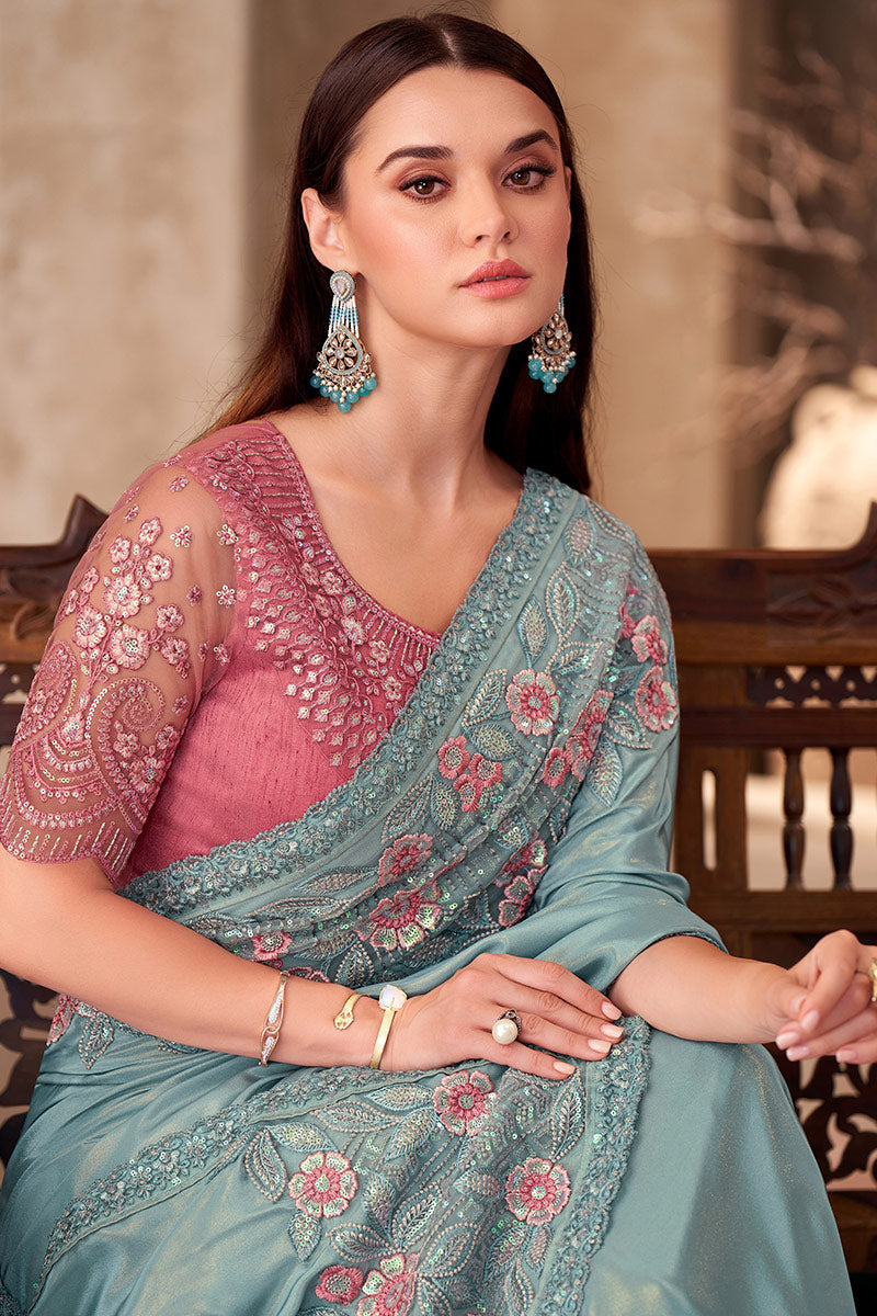 Sky Blue Shimmer Silk Crepe Sequins Embroidered Function wear Saree RTI