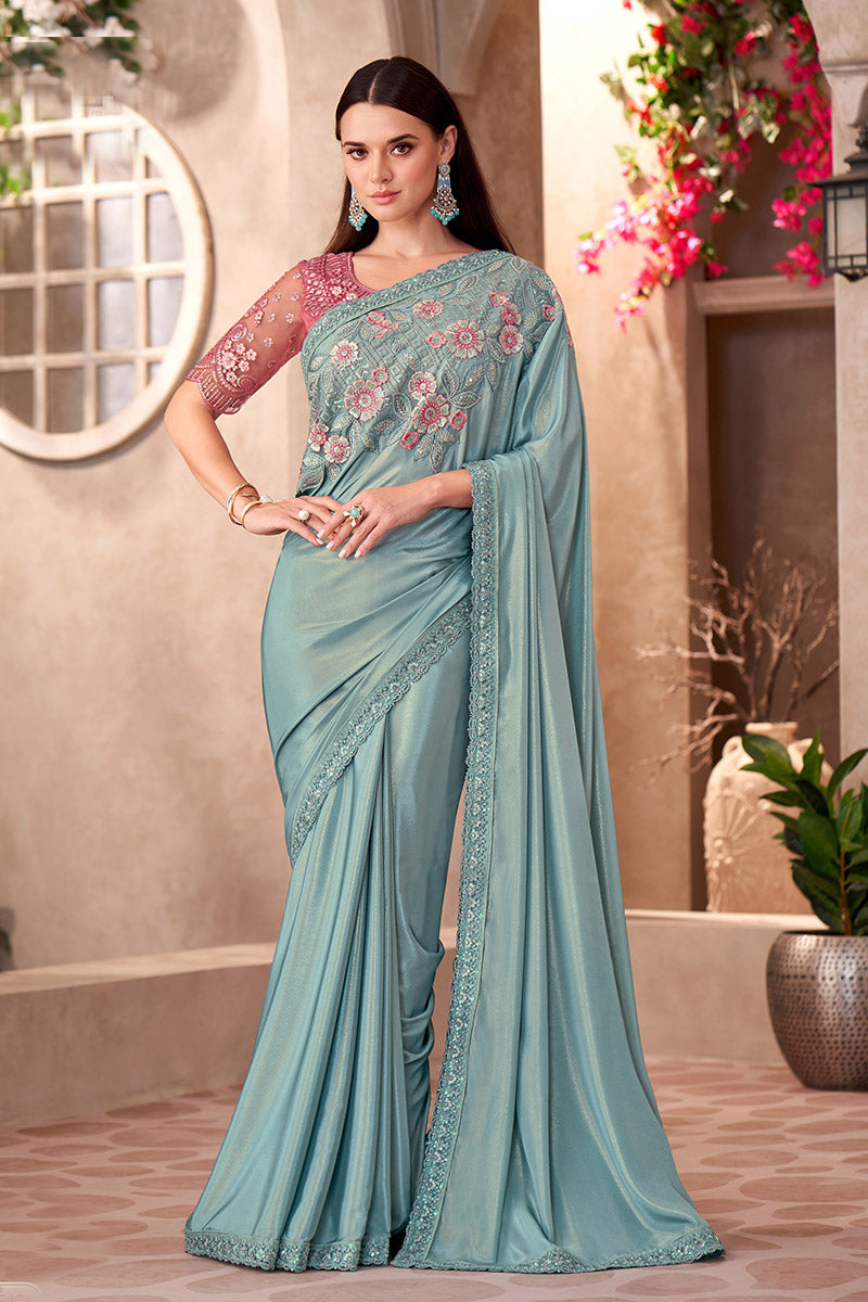 Sky Blue Shimmer Silk Crepe Sequins Embroidered Function wear Saree RTI