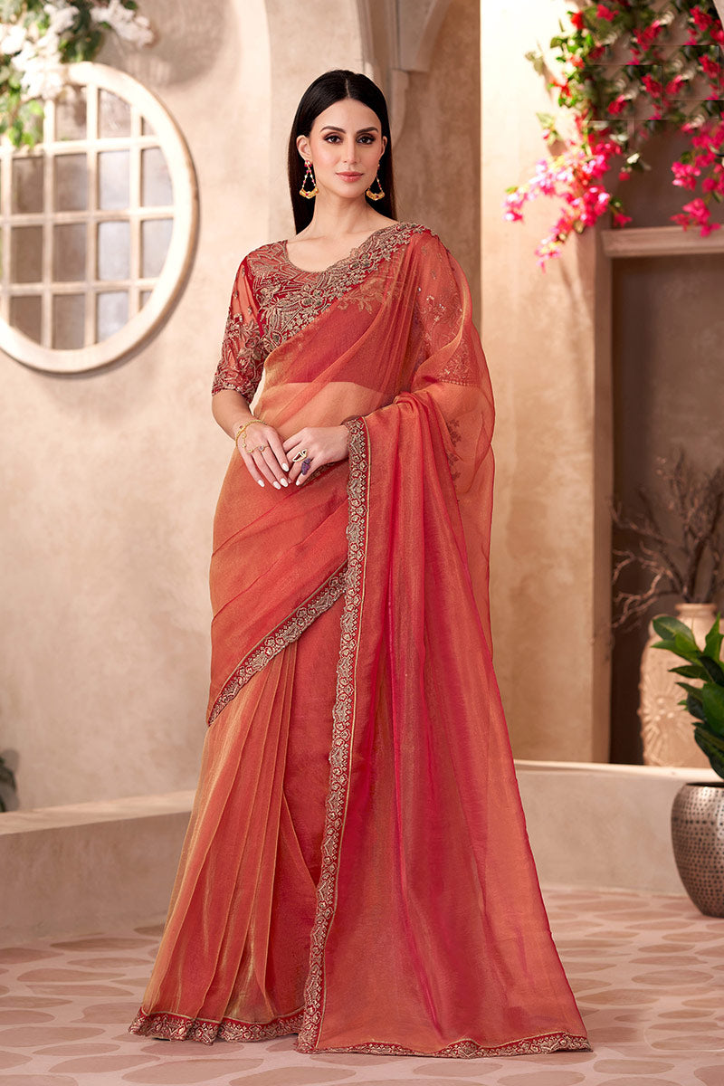 Rust Tissue Silk Crepe Sequins Embroidered Function wear Saree RTI