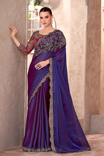 Blue Satin Georgette Sequins Embroidered Function wear Saree RTI