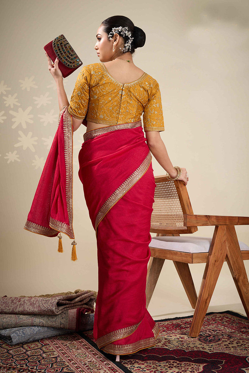 Elegant Red Georgette Saree with Gold Embroidered Border RTI