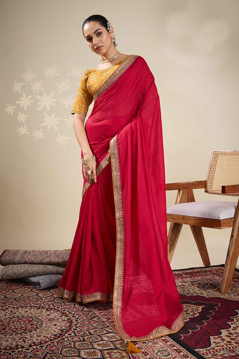 Elegant Red Georgette Saree with Gold Embroidered Border RTI