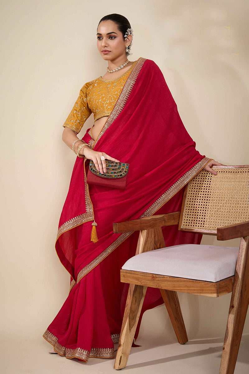 Elegant Red Georgette Saree with Gold Embroidered Border RTI