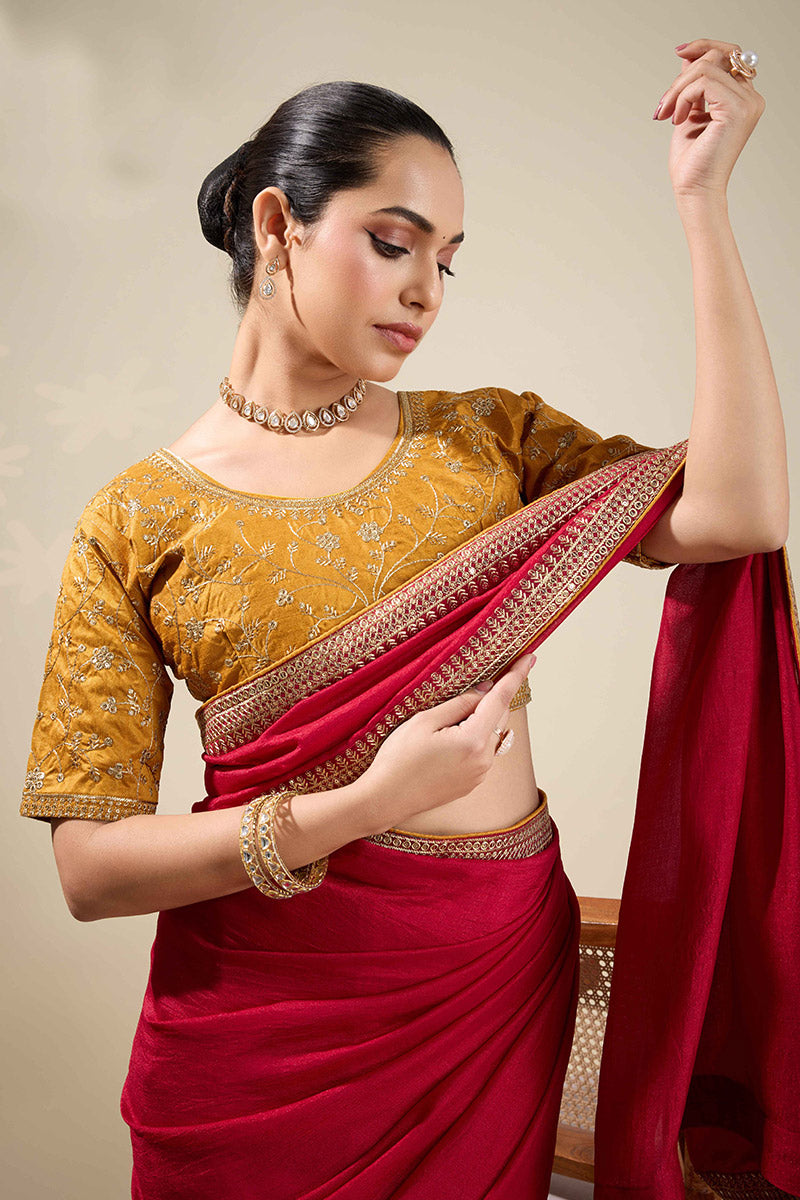 Elegant Red Georgette Saree with Gold Embroidered Border RTI
