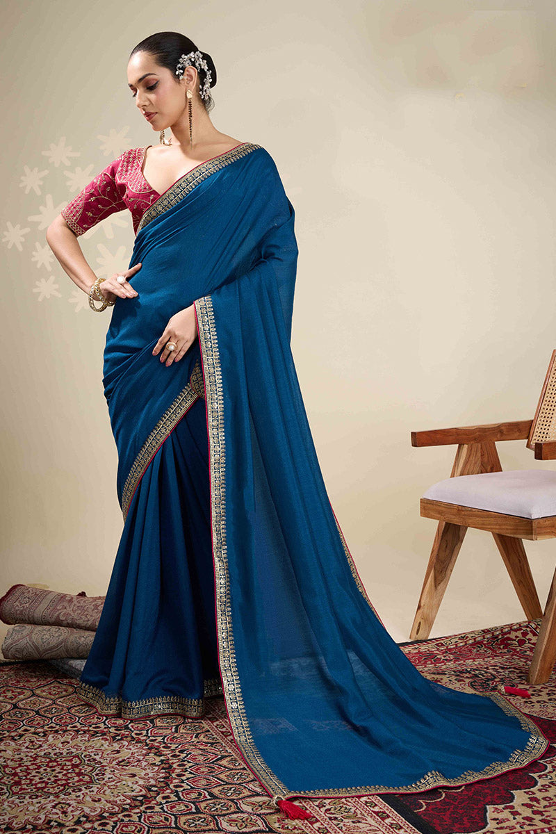 Elegant Blue Saree with Embroidered Golden Border | Shop Online RTI