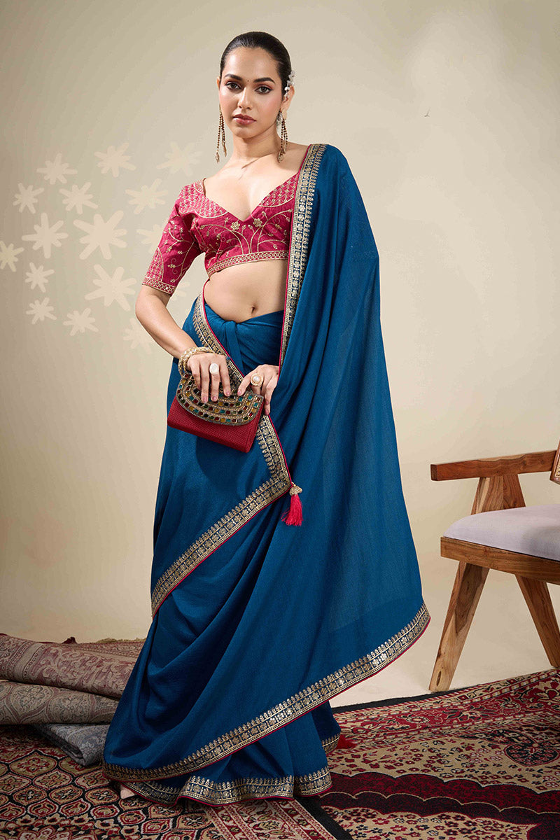 Elegant Blue Saree with Embroidered Golden Border | Shop Online RTI