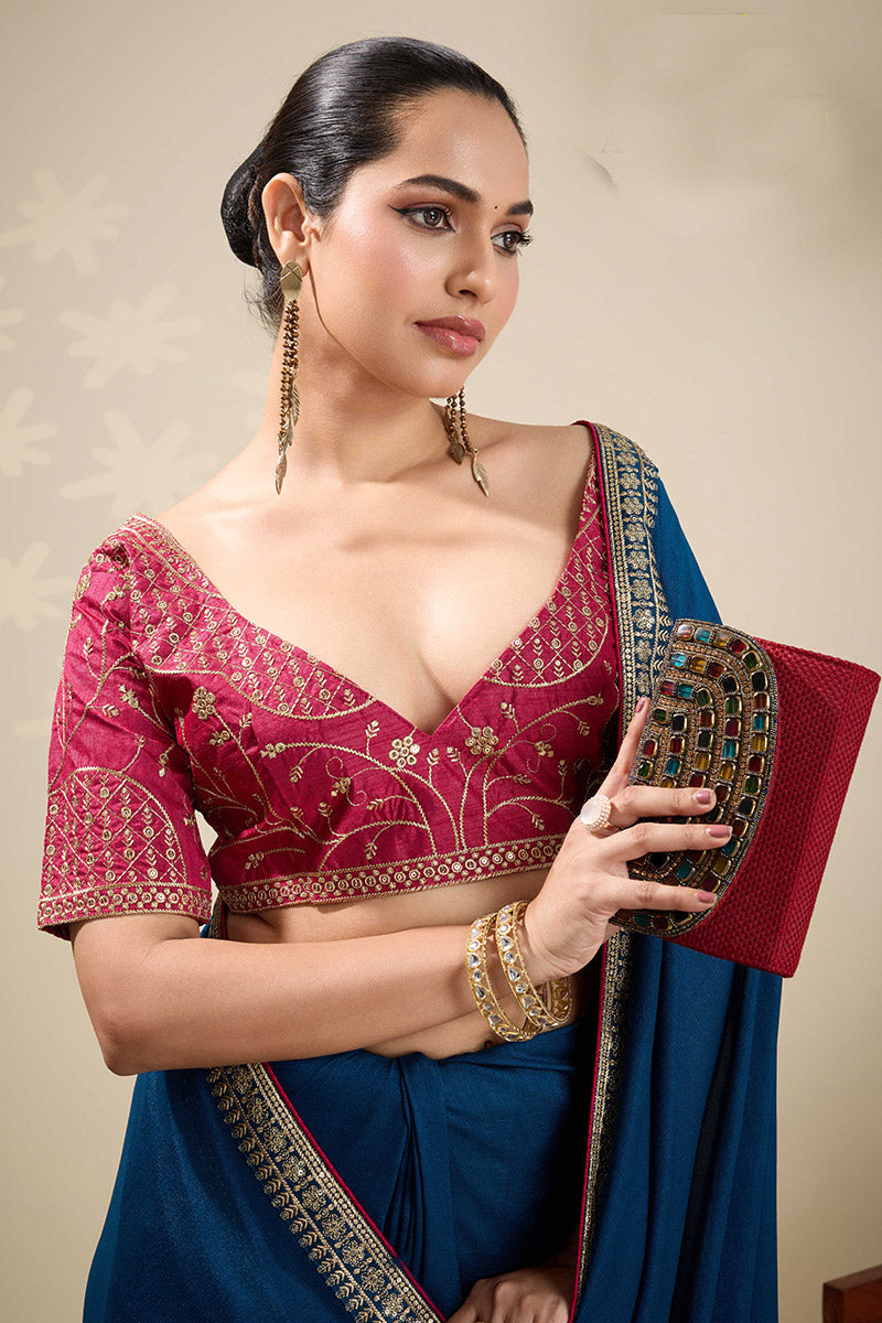 Elegant Blue Saree with Embroidered Golden Border | Shop Online RTI