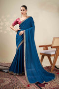 Elegant Blue Saree with Embroidered Golden Border | Shop Online RTI