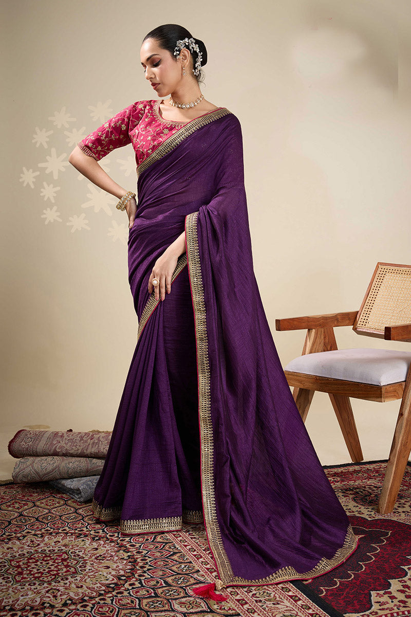 Purple Saree with Embroidered Golden Border | Shop Online RTI