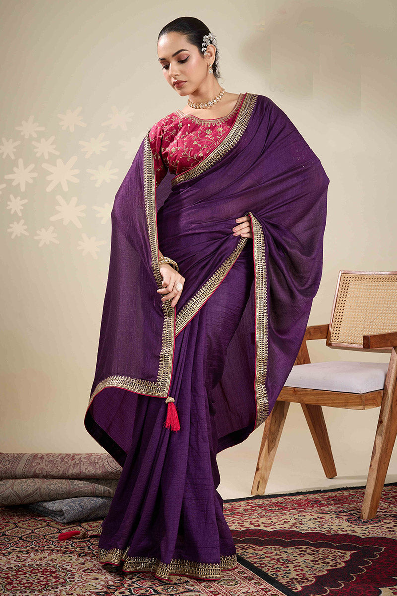 Purple Saree with Embroidered Golden Border | Shop Online RTI