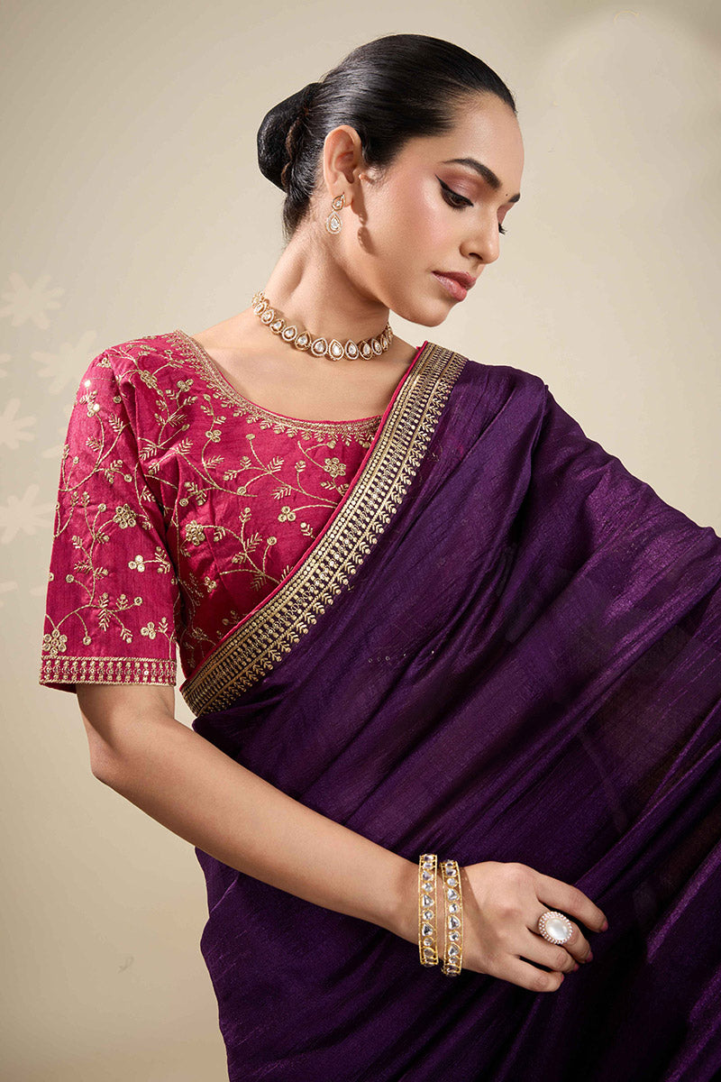 Purple Saree with Embroidered Golden Border | Shop Online RTI