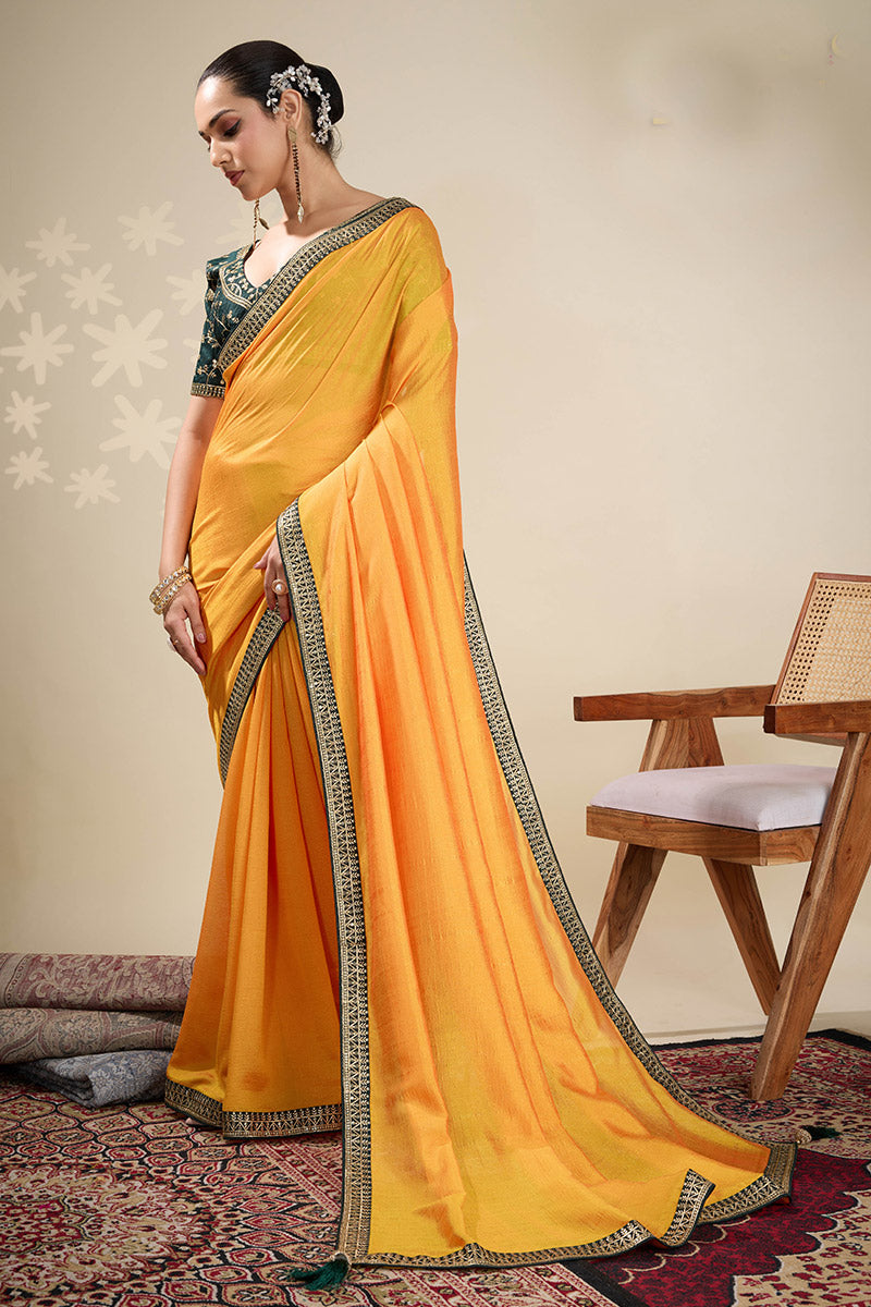 Yellow Saree with Embroidered Golden Border | Shop Online RTI