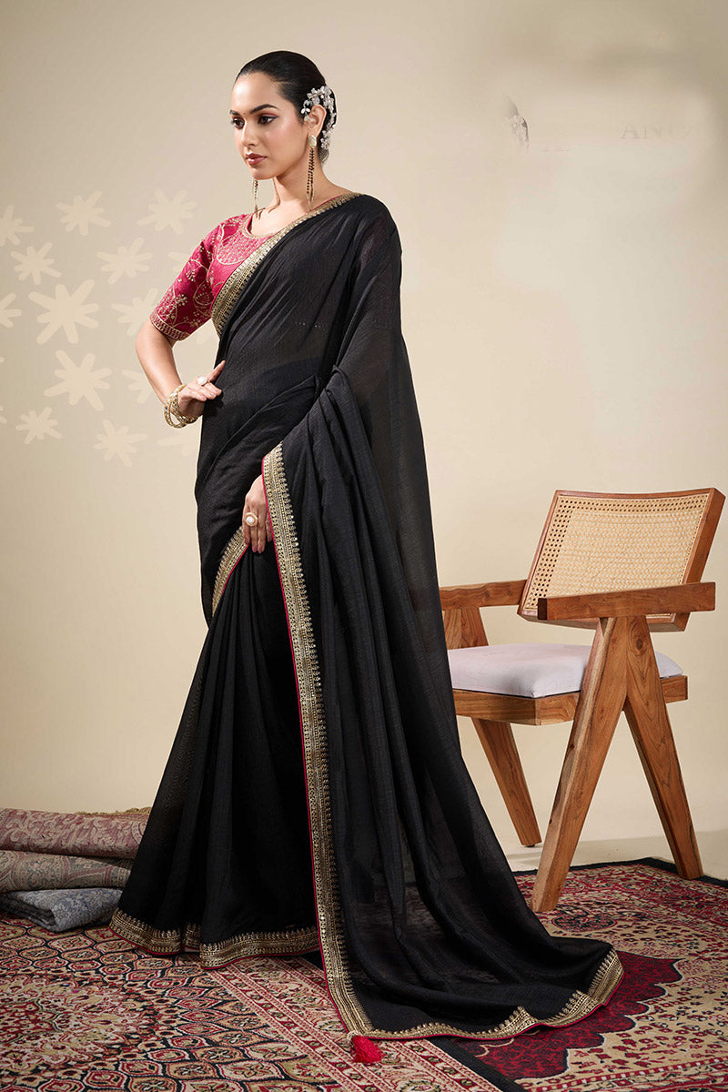 Black Saree with Embroidered Golden Border | Shop Online RTI