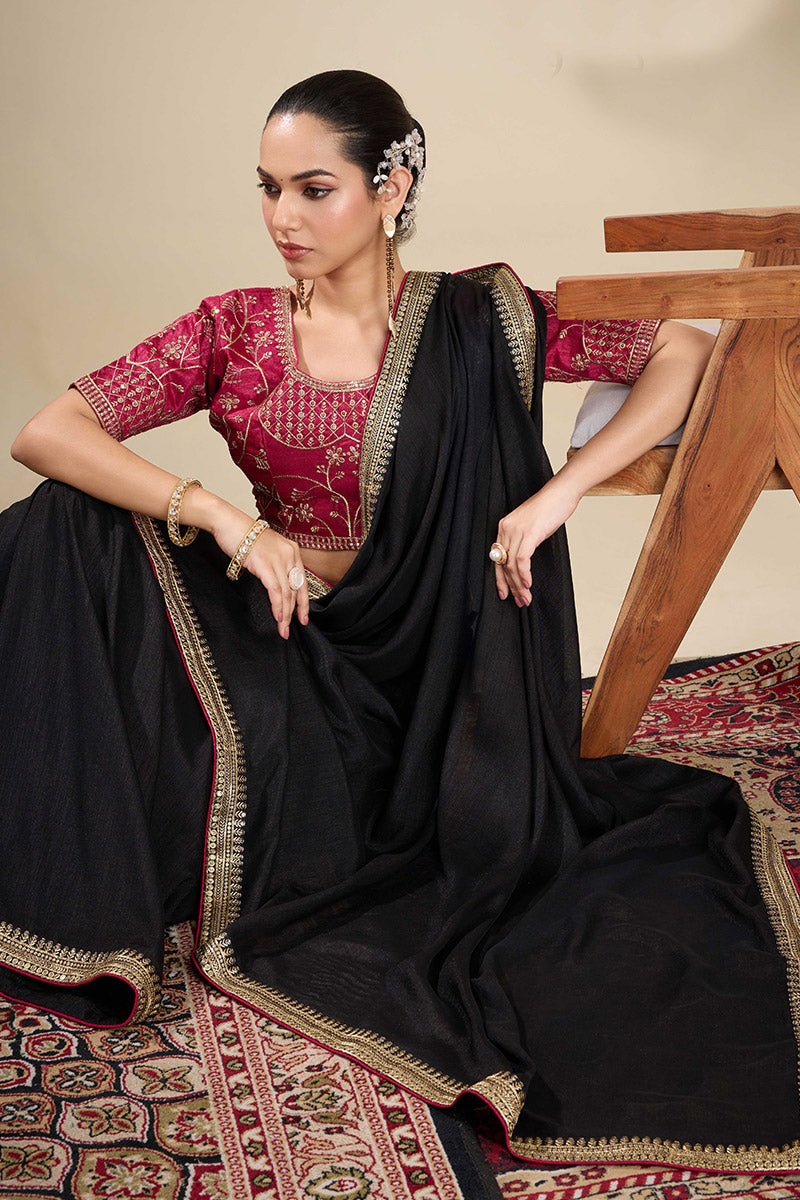 Black Saree with Embroidered Golden Border | Shop Online RTI
