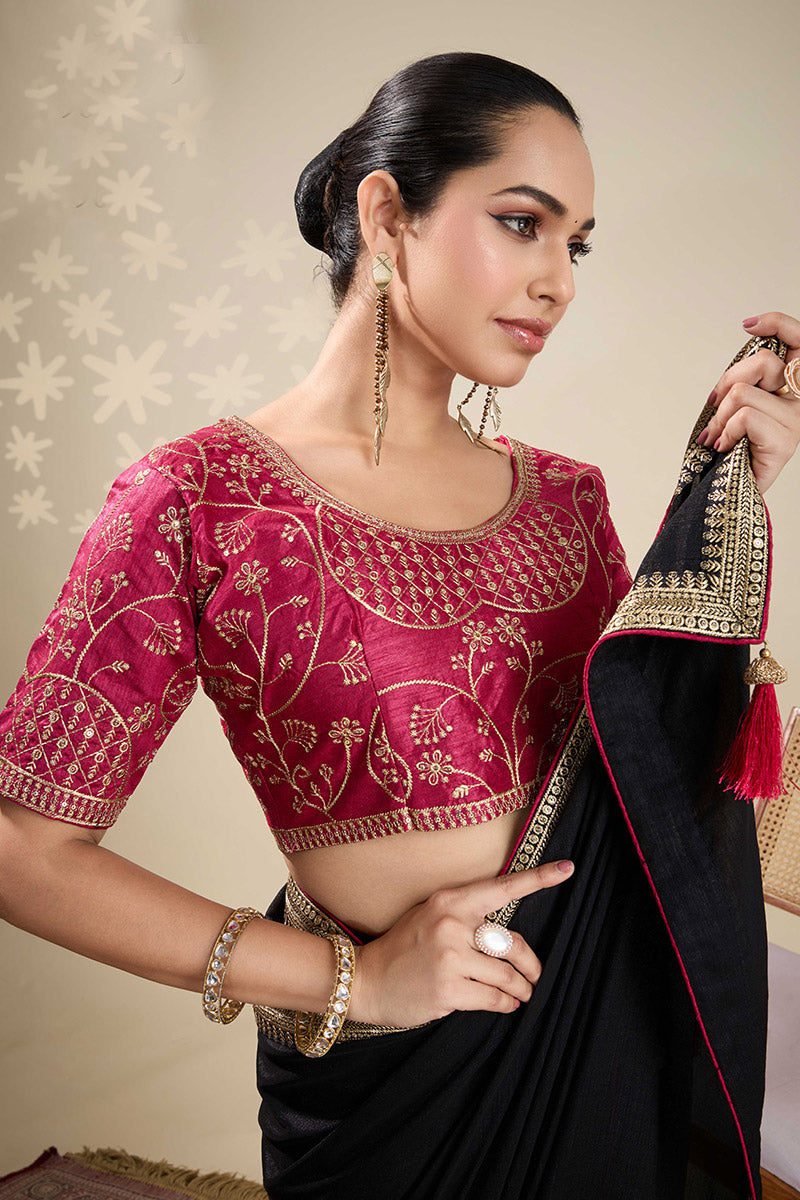 Black Saree with Embroidered Golden Border | Shop Online RTI