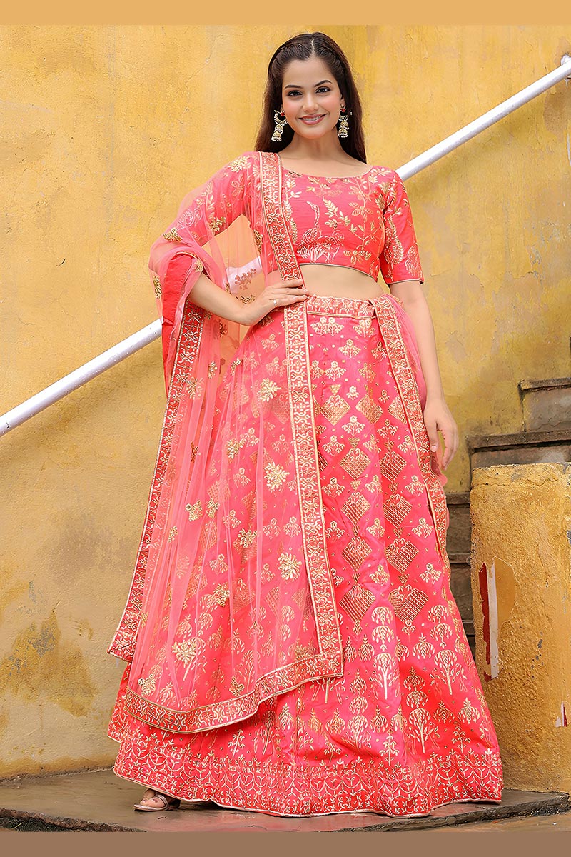 Coral Blossom Gold Sequins Embroidered Lehenga Set RTI