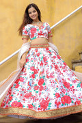 White Blossom Floral Printed Lehenga Set with Gold Border RTI