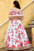 White Blossom Floral Printed Lehenga Set with Gold Border RTI